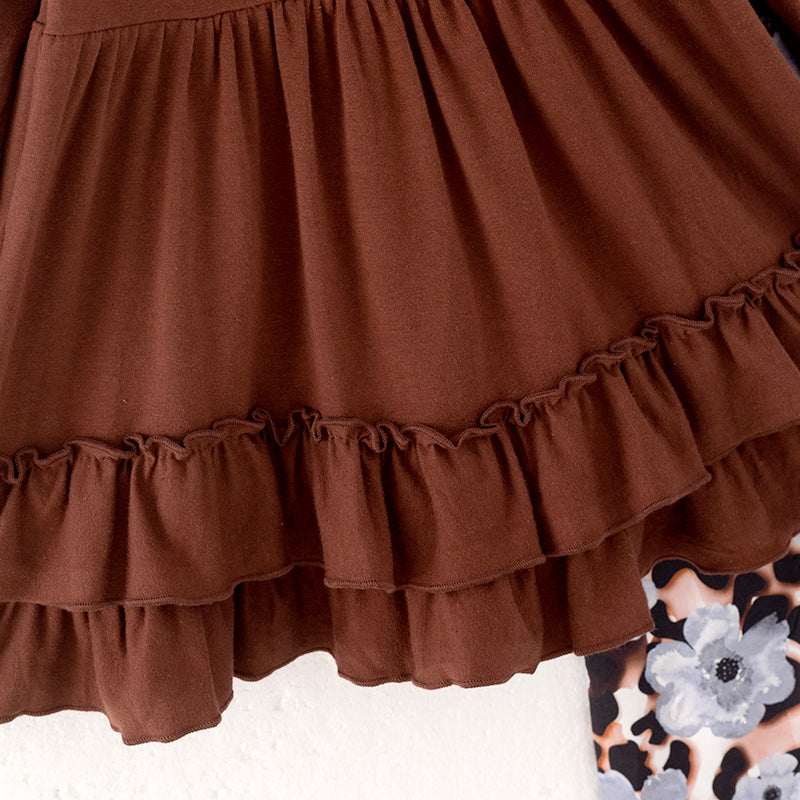 (In Stock)Girls Fall Brown Cotton Top Floral Print Pants Set