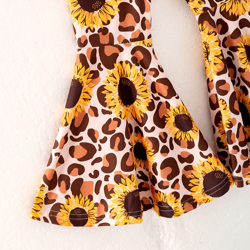 (In Stock)Girls Fall Vibes Print Cotton Top Sunflower Print Pants Set