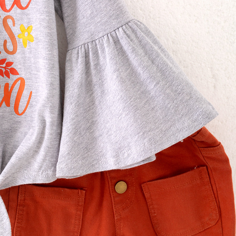 (In Stock)Girls Fall Print Cotton Knotted Top Denim Set