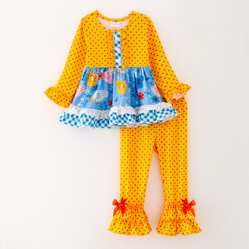 (In Stock G24-05-03)Girls Yellow Polka Dot Outfit Set