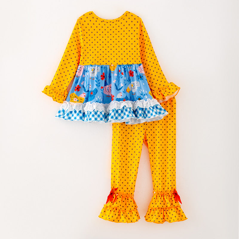 (In Stock G24-05-03)Girls Yellow Polka Dot Outfit Set