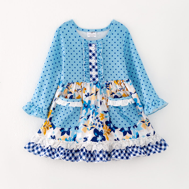 Dark Blue Polka Dots Girls' Dress with Bowknot