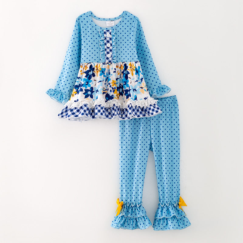 (In Stock G24-04-01)Girls Blue Polka Dot Outfit Set