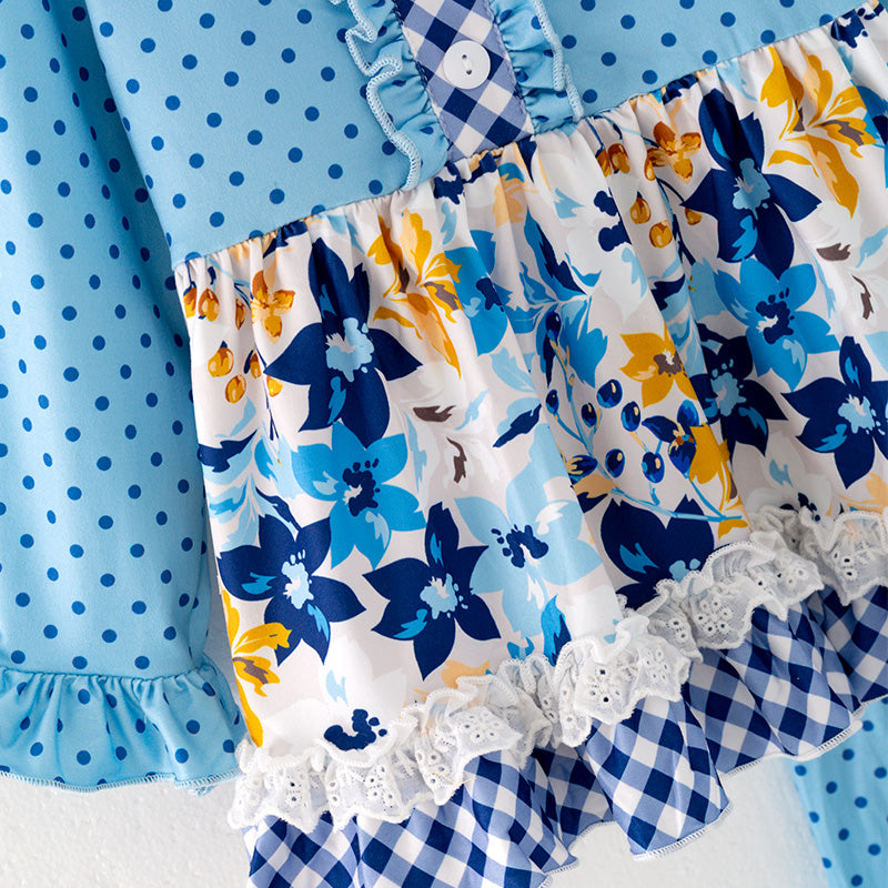 (In Stock G24-04-01)Girls Blue Polka Dot Outfit Set