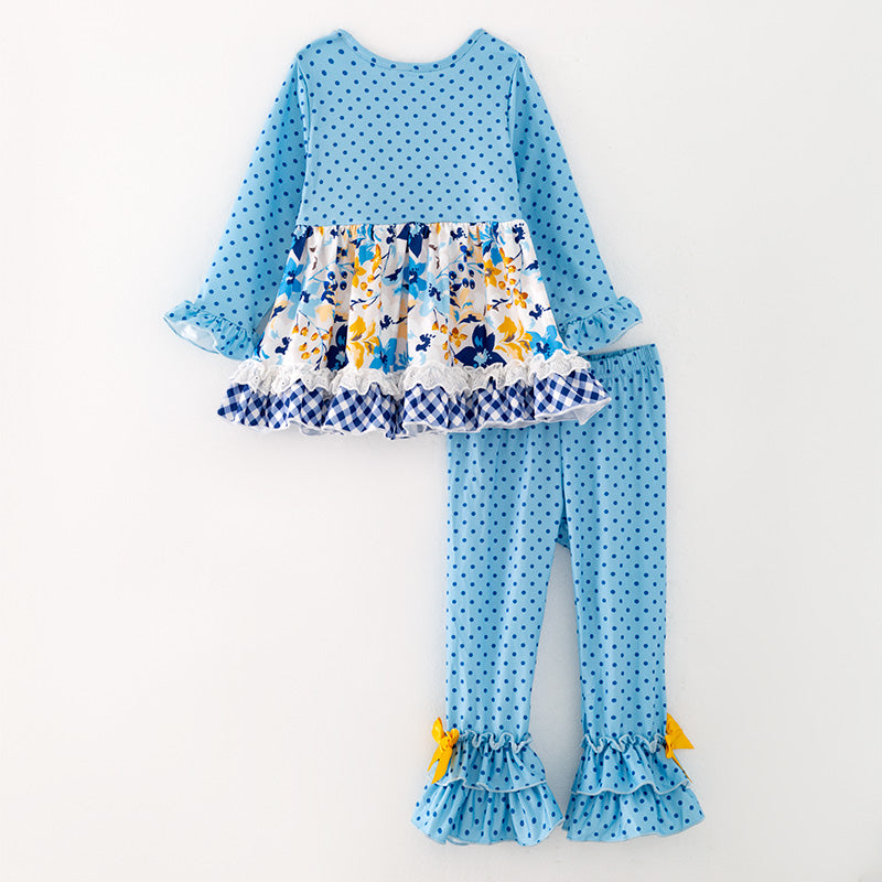 (In Stock G24-04-01)Girls Blue Polka Dot Outfit Set
