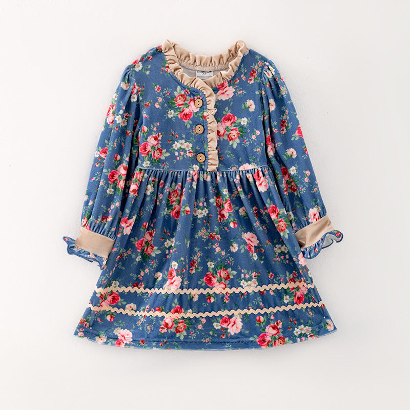 (In Stock)Girls Blue Floral Print Dress