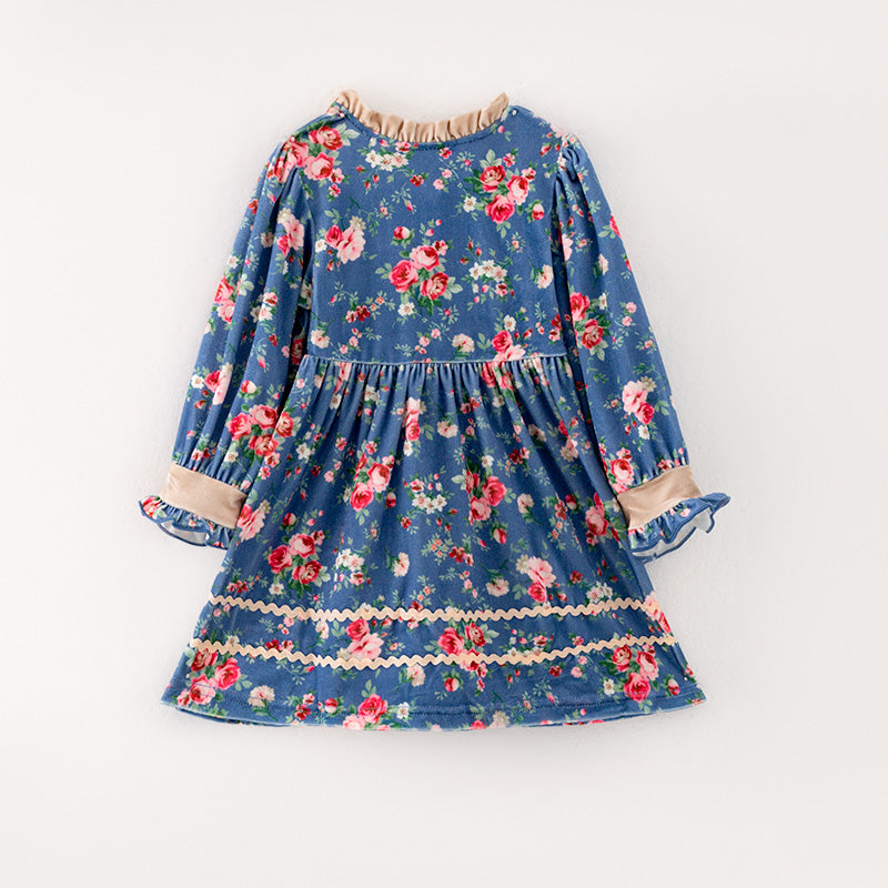 (In Stock)Girls Blue Floral Print Dress