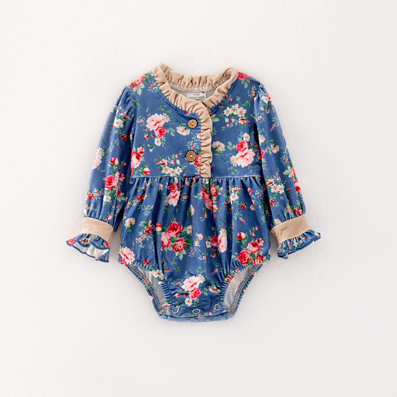 (In Stock)Baby Girls Blue Floral Print Romper