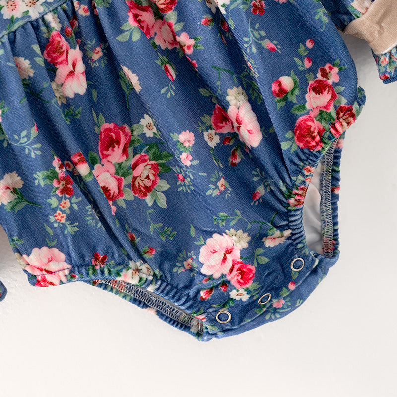 (In Stock)Baby Girls Blue Floral Print Romper
