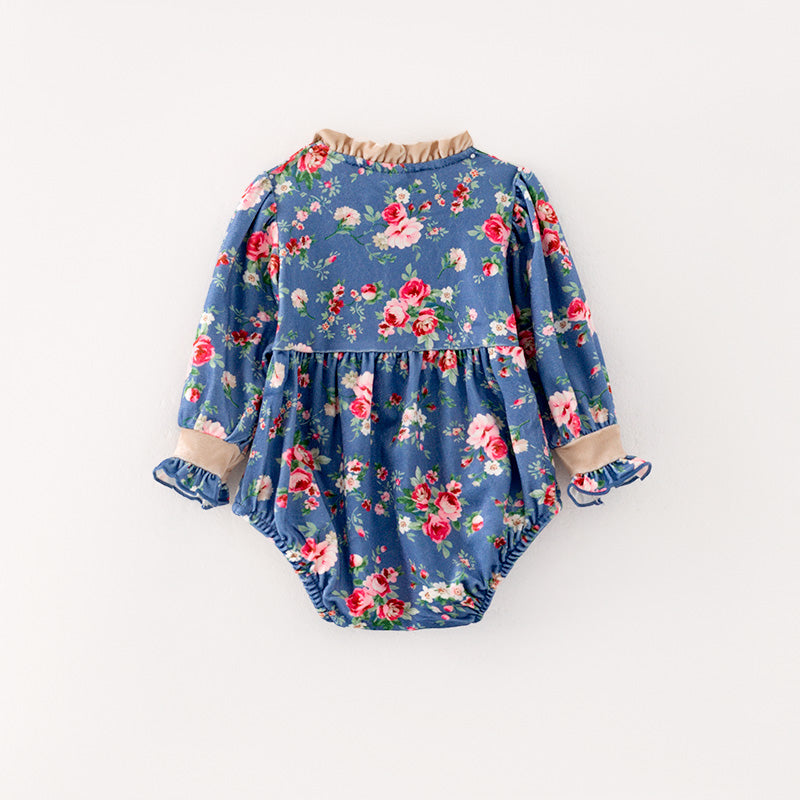 (In Stock)Baby Girls Blue Floral Print Romper