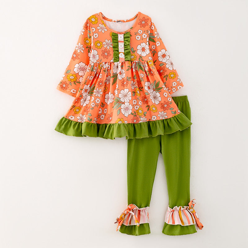 (In Stock G26-05-03)Girls Orange Floral Print Outfit Set