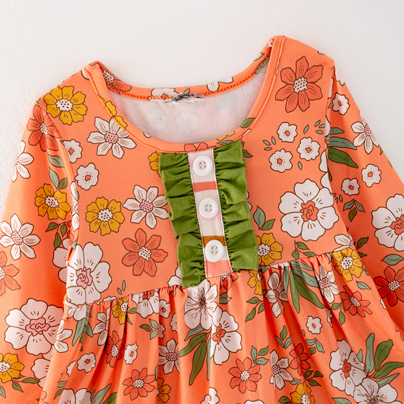 (In Stock G26-05-03)Girls Orange Floral Print Outfit Set