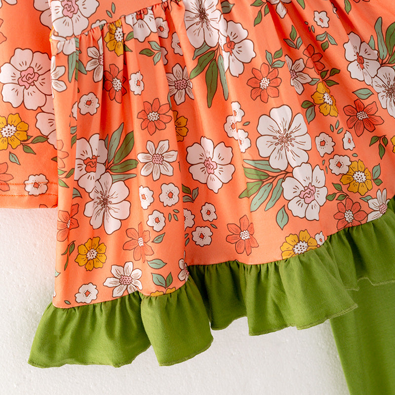(In Stock G26-05-03)Girls Orange Floral Print Outfit Set
