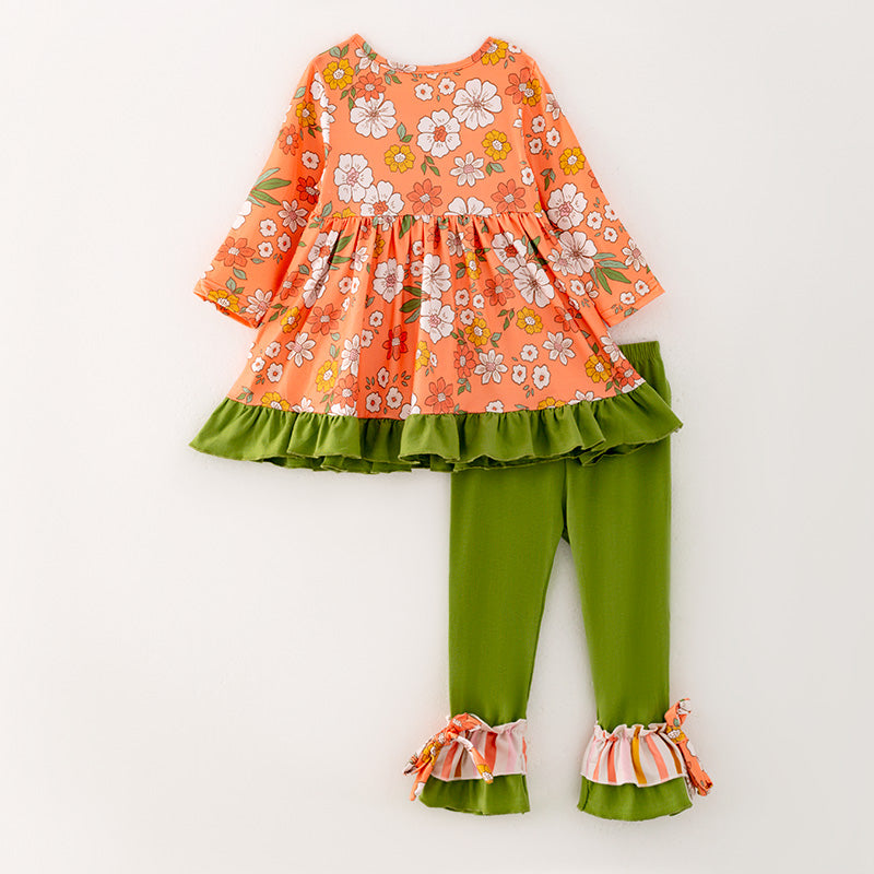 (In Stock G26-05-03)Girls Orange Floral Print Outfit Set