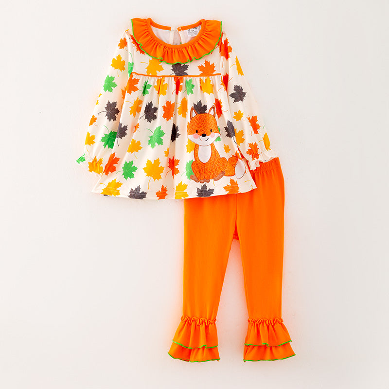 (In Stock G24-05-02)Girls Maple Leaf Print Outfit Set