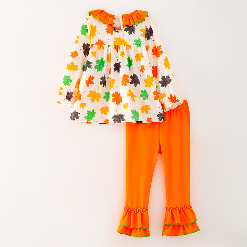 (In Stock G24-05-02)Girls Maple Leaf Print Outfit Set