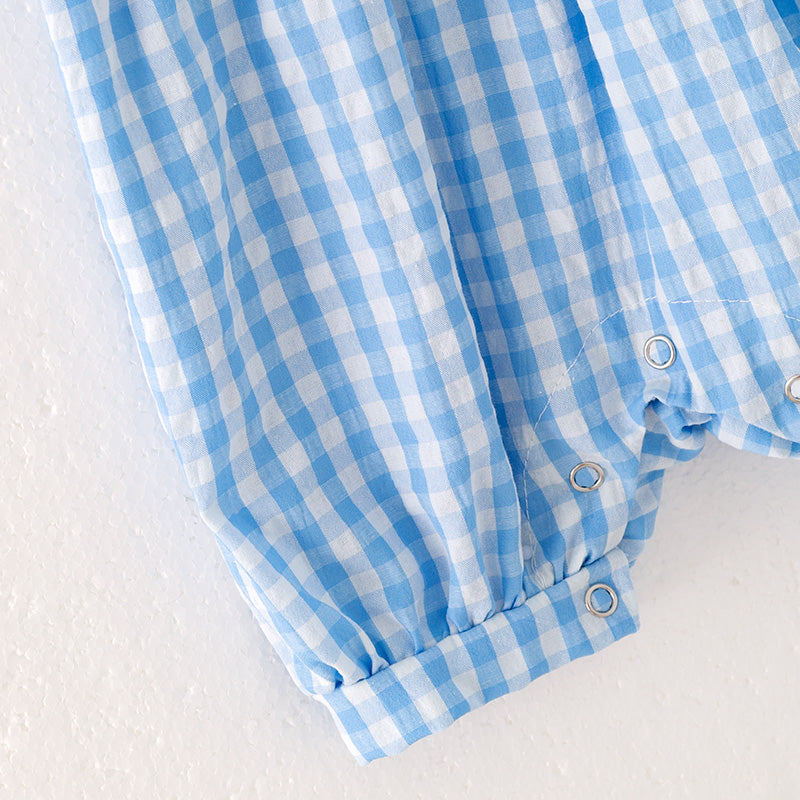 (In Stock) Baby Boys Cartoon Embroidery Blue plaid Romper