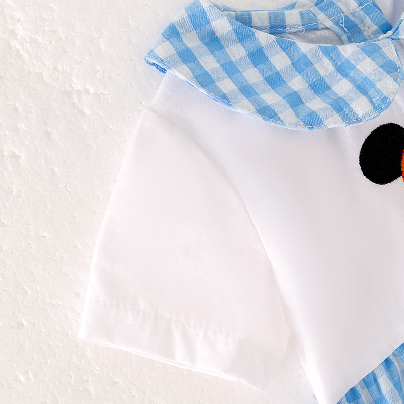 (In Stock) Baby Boys Cartoon Embroidery Blue plaid Romper