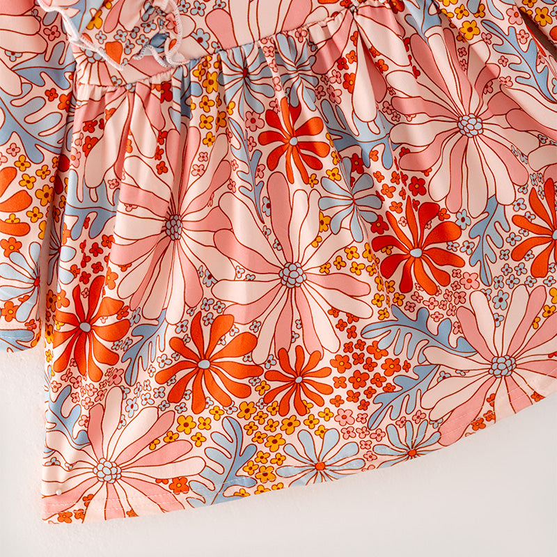 (In Stock G26-04-03)Girls Orange Floral Print Dress