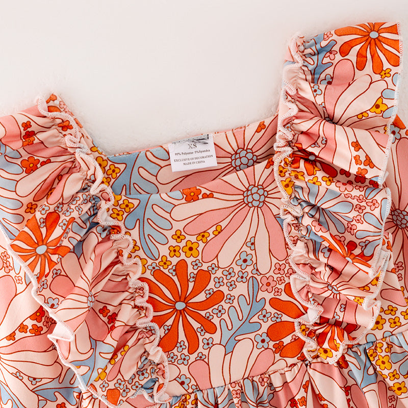 (In Stock G26-04-03)Girls Orange Floral Print Dress