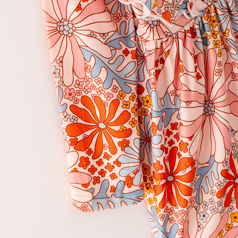 (In Stock G26-04-03)Girls Orange Floral Print Dress