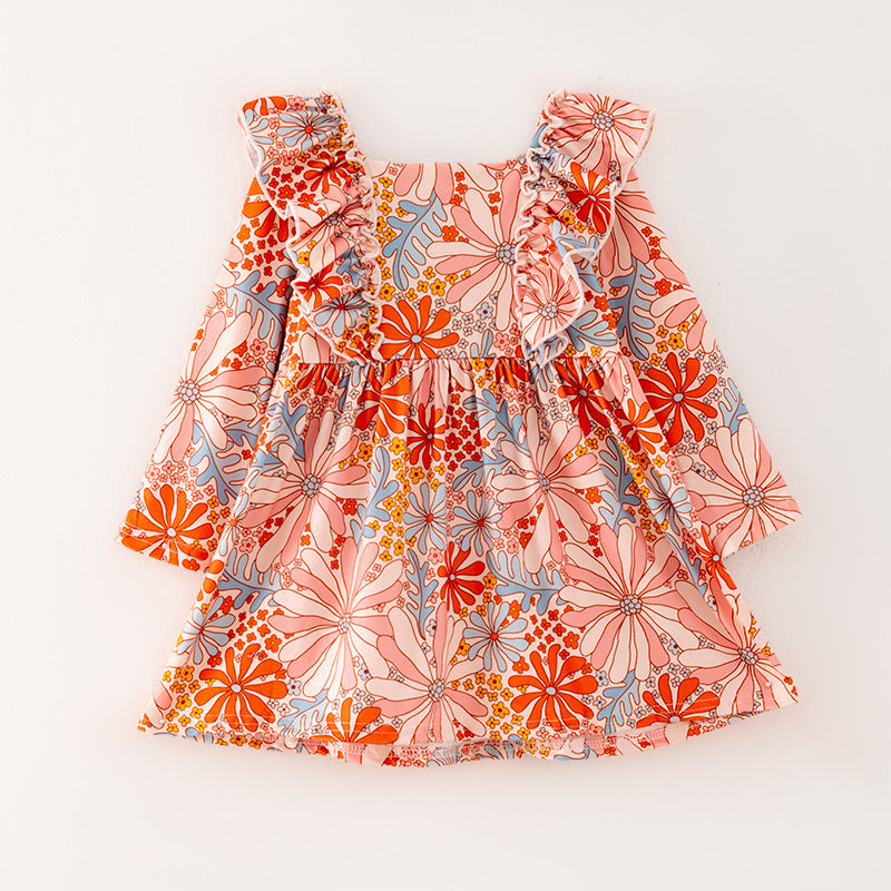 (In Stock G26-04-03)Girls Orange Floral Print Dress