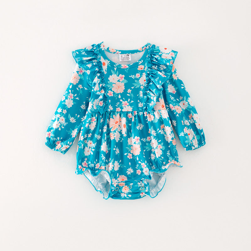 (In Stock)Baby Girls Turquoise Floral Print Romper