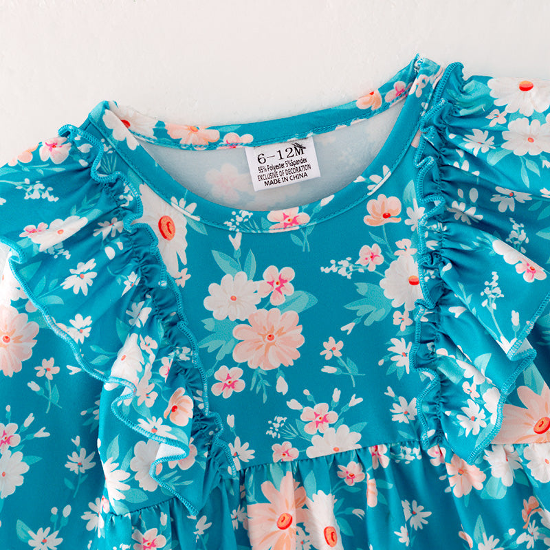 (In Stock)Baby Girls Turquoise Floral Print Romper