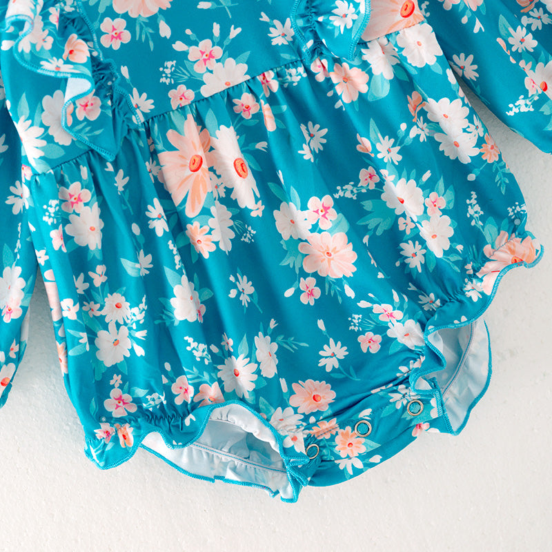 (In Stock)Baby Girls Turquoise Floral Print Romper
