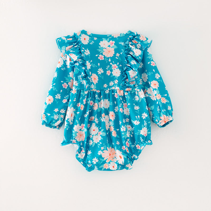 (In Stock)Baby Girls Turquoise Floral Print Romper