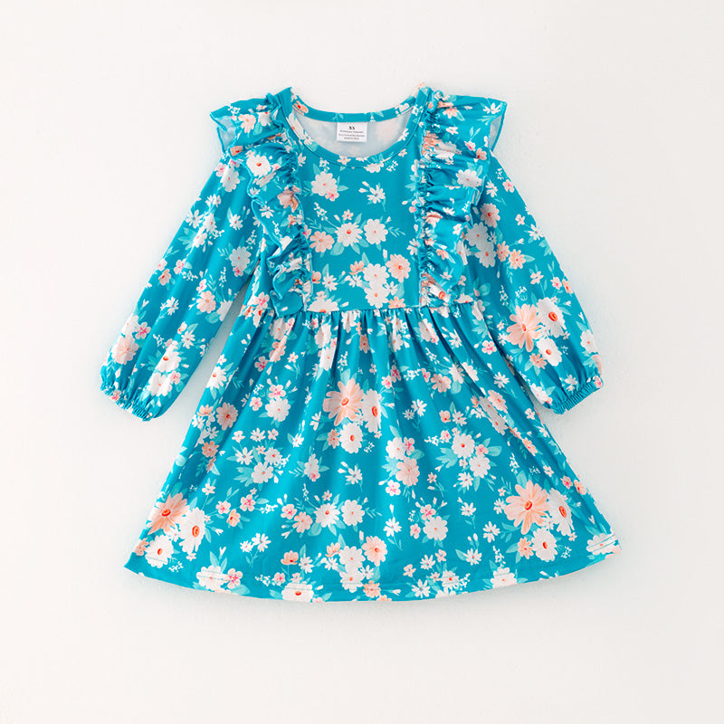 (In Stock)Girls Turquoise Floral Print Dress