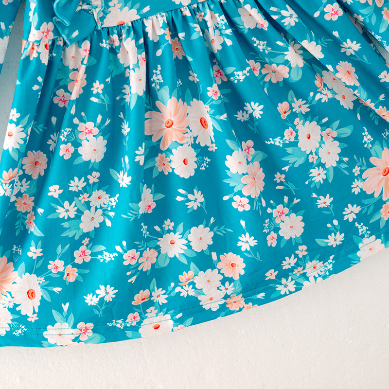 (In Stock)Girls Turquoise Floral Print Dress