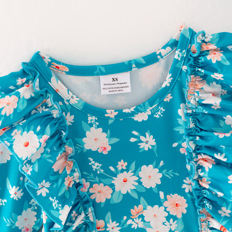 (In Stock)Girls Turquoise Floral Print Dress