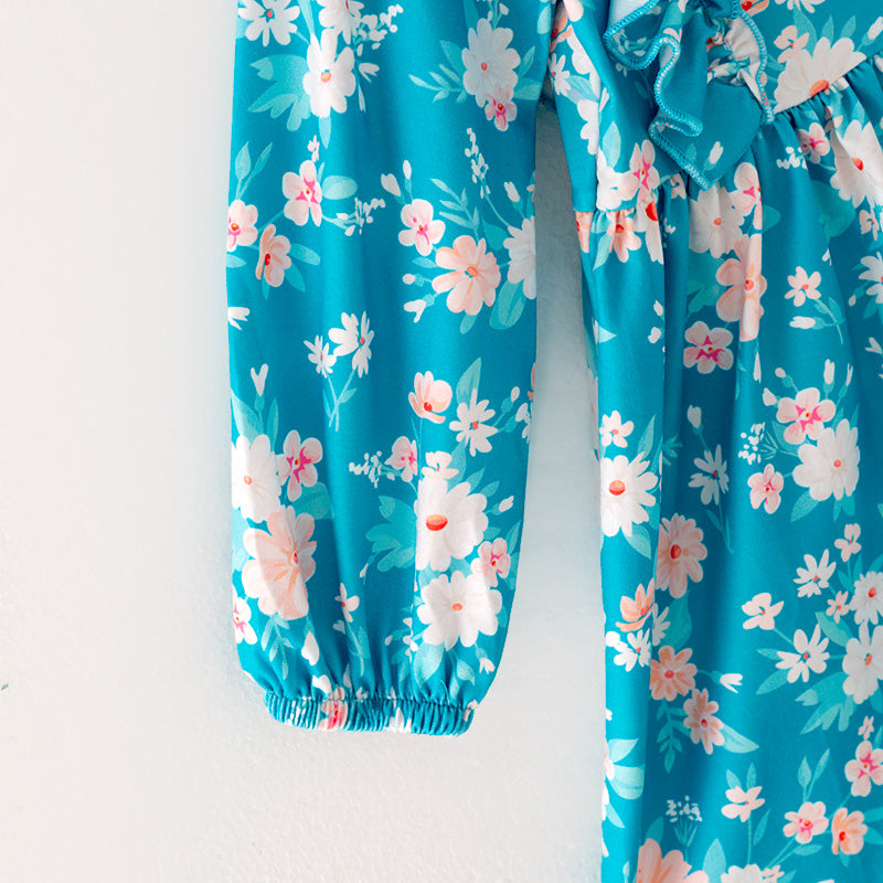 (In Stock)Girls Turquoise Floral Print Dress