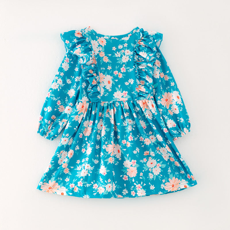 (In Stock)Girls Turquoise Floral Print Dress