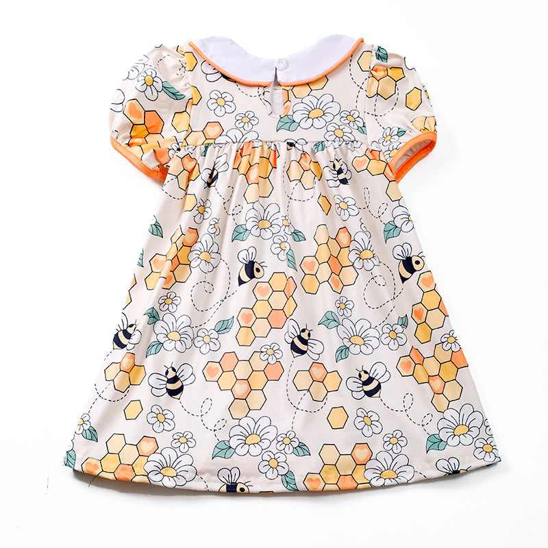 (In Stock)Girls Bee Embroidery Floral Peter Pan Collar Dress