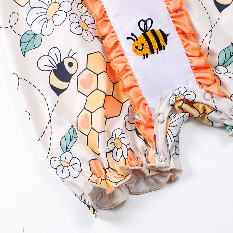 (In Stock)Girls Bee Embroidery Floral Peter Pan Collar Romper