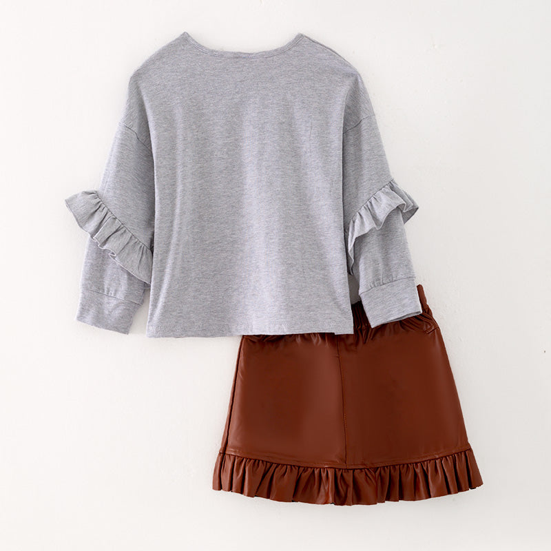 (In Stock G26-05-02)Girls Grey Top Leather Skirt Set