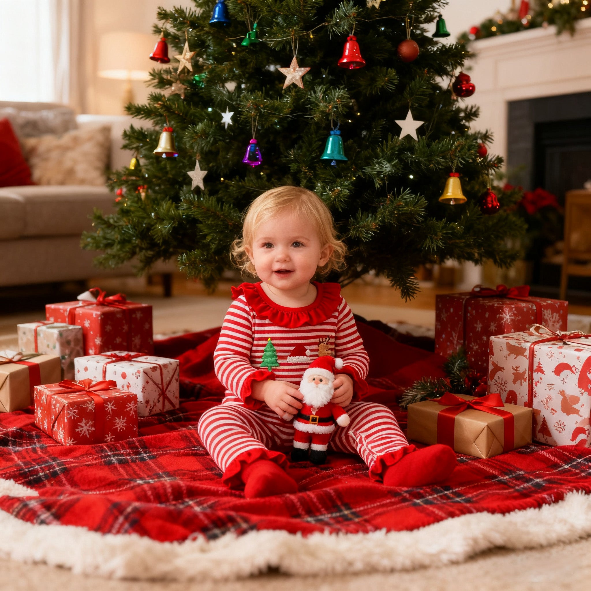 (In Stock)Baby Girls Christmas Embroidery Red Stripe Romper