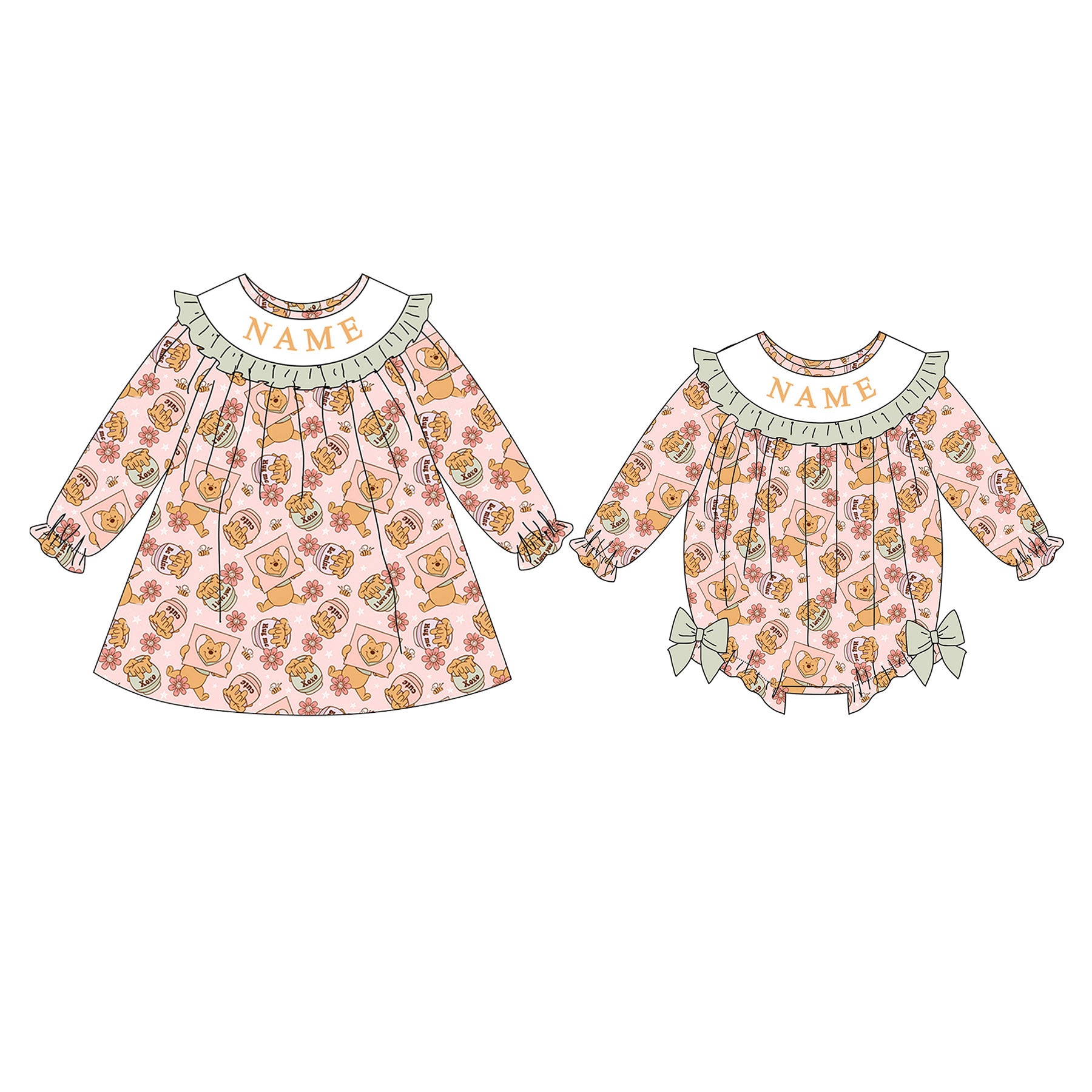 (Pre Order)Sisters Spring Cartoon Embroidery Smocked Dress&Romper