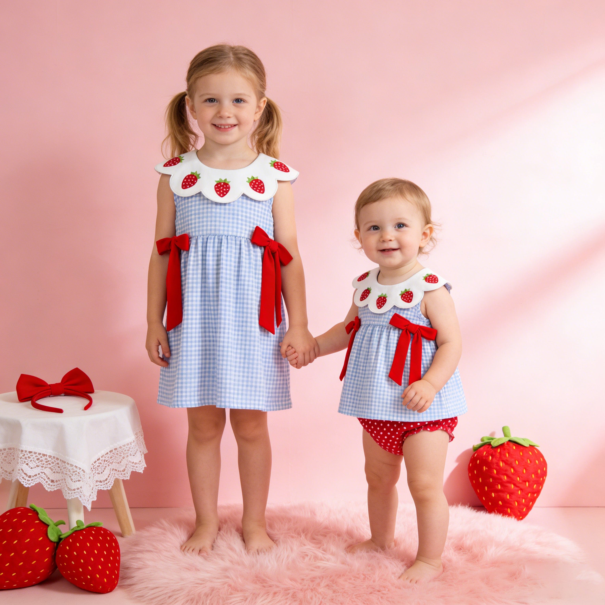 (In Stock)Girls Spring&Summer Strawberry Embroidery Doll Collar Dress&Bloomer Set