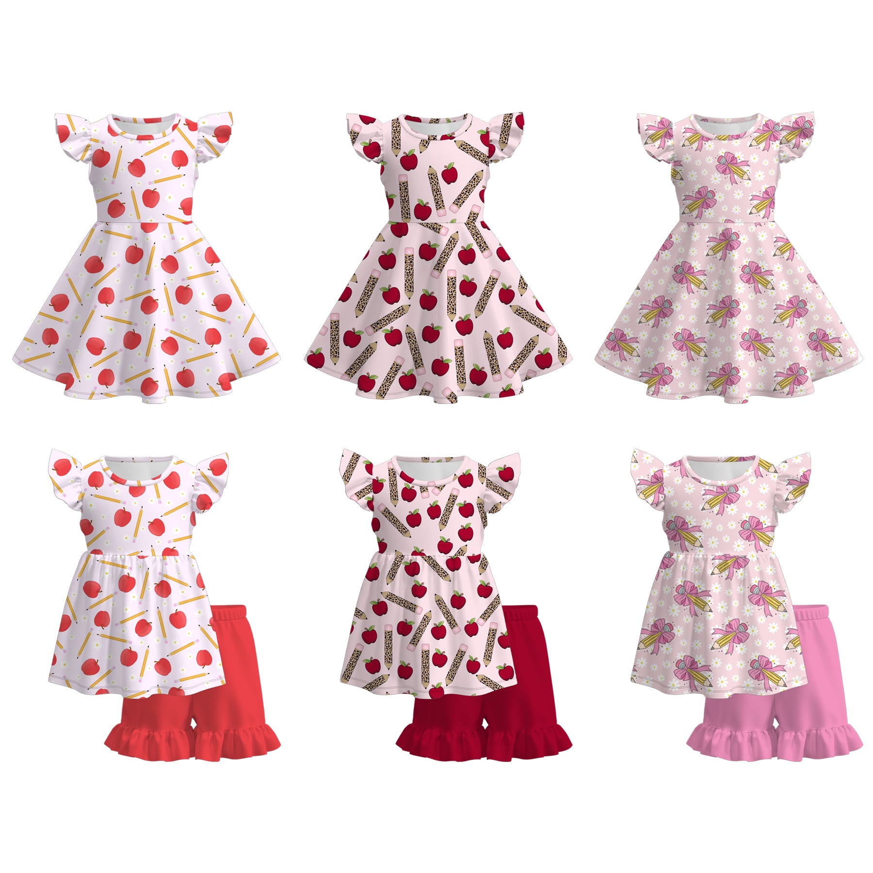 (Pre Order)Girls Summer Back To School Print Dress&Shorts Set