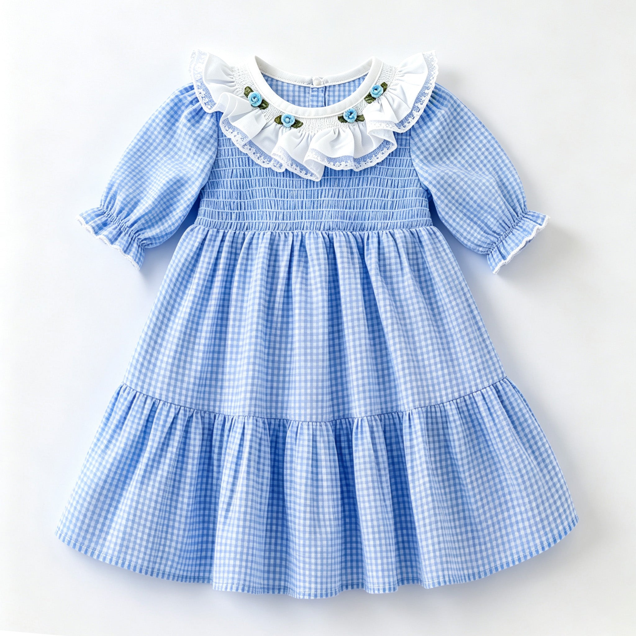 (In Stock)Girls Fall Smocked Blue Plaid Cotton Dress