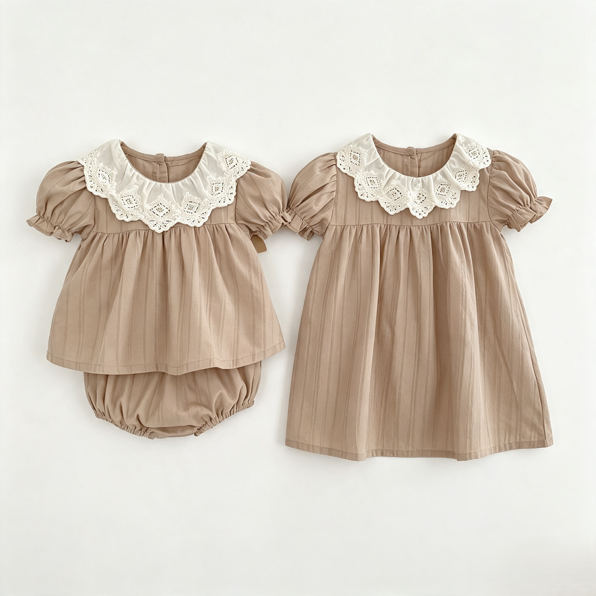 (Pre Order 2 Weeks)Sisters Fall Brown Lace Ruffle Dress&Bloomer Set