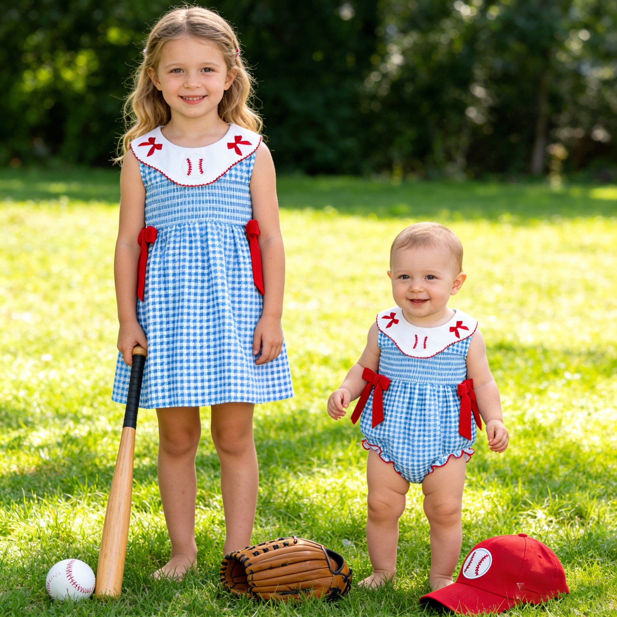 (In Stock)Sisters Spring&Summer Baseball Embroidery Smocked Dress&Romper