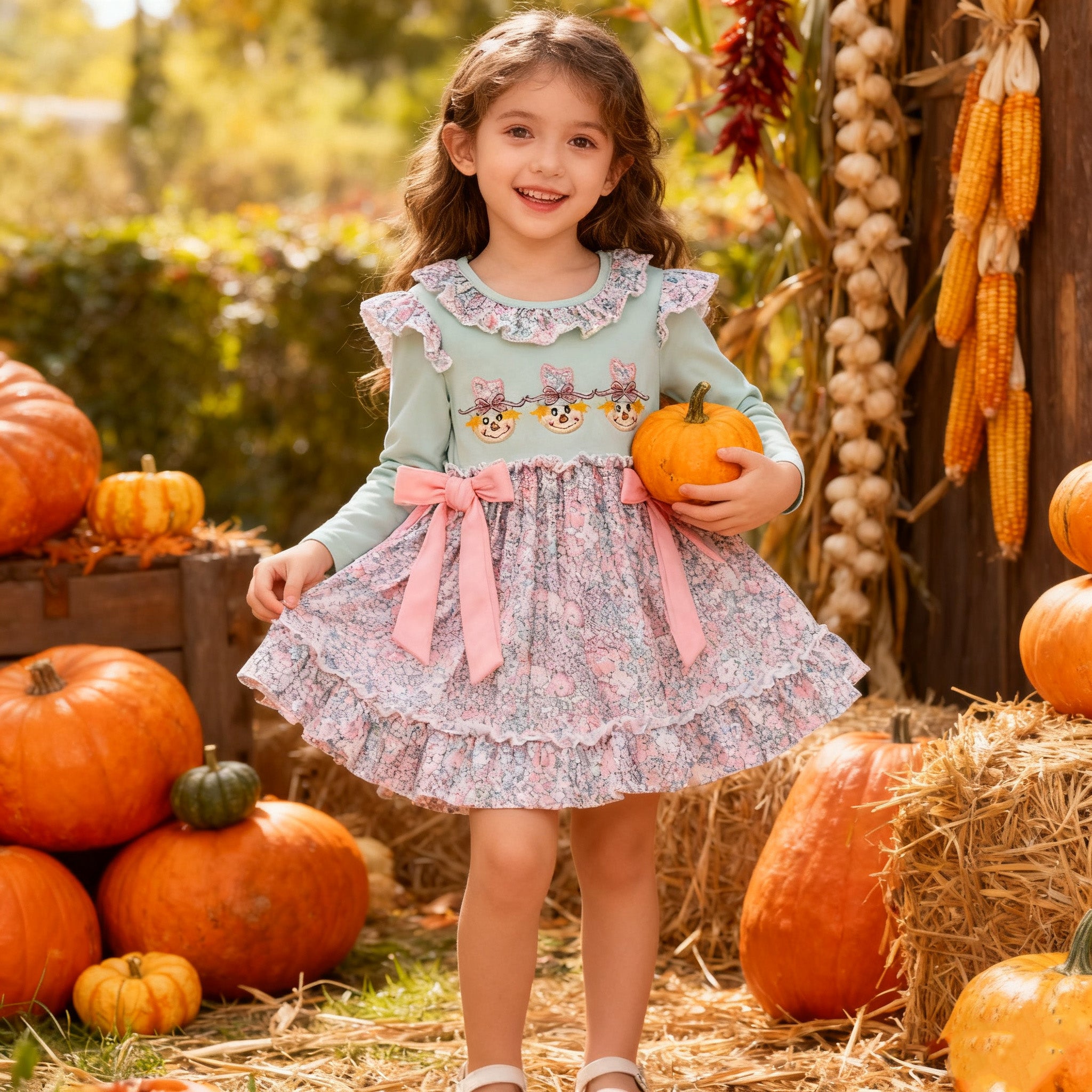 (In Stock)Girls Thanksgiving Scarecrow Applique Dress
