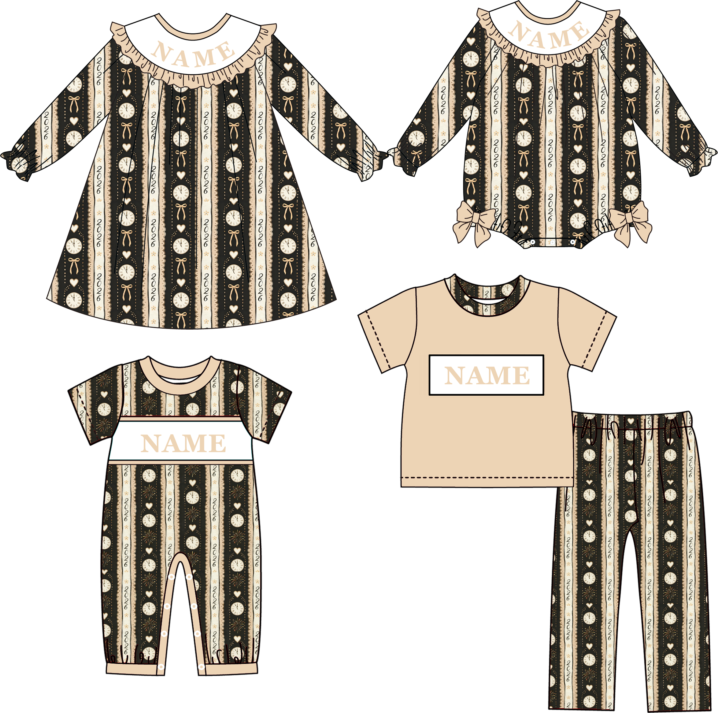 (Pre Order)Family New Year Bow Embroidery Smocked Dress,Set&Romper