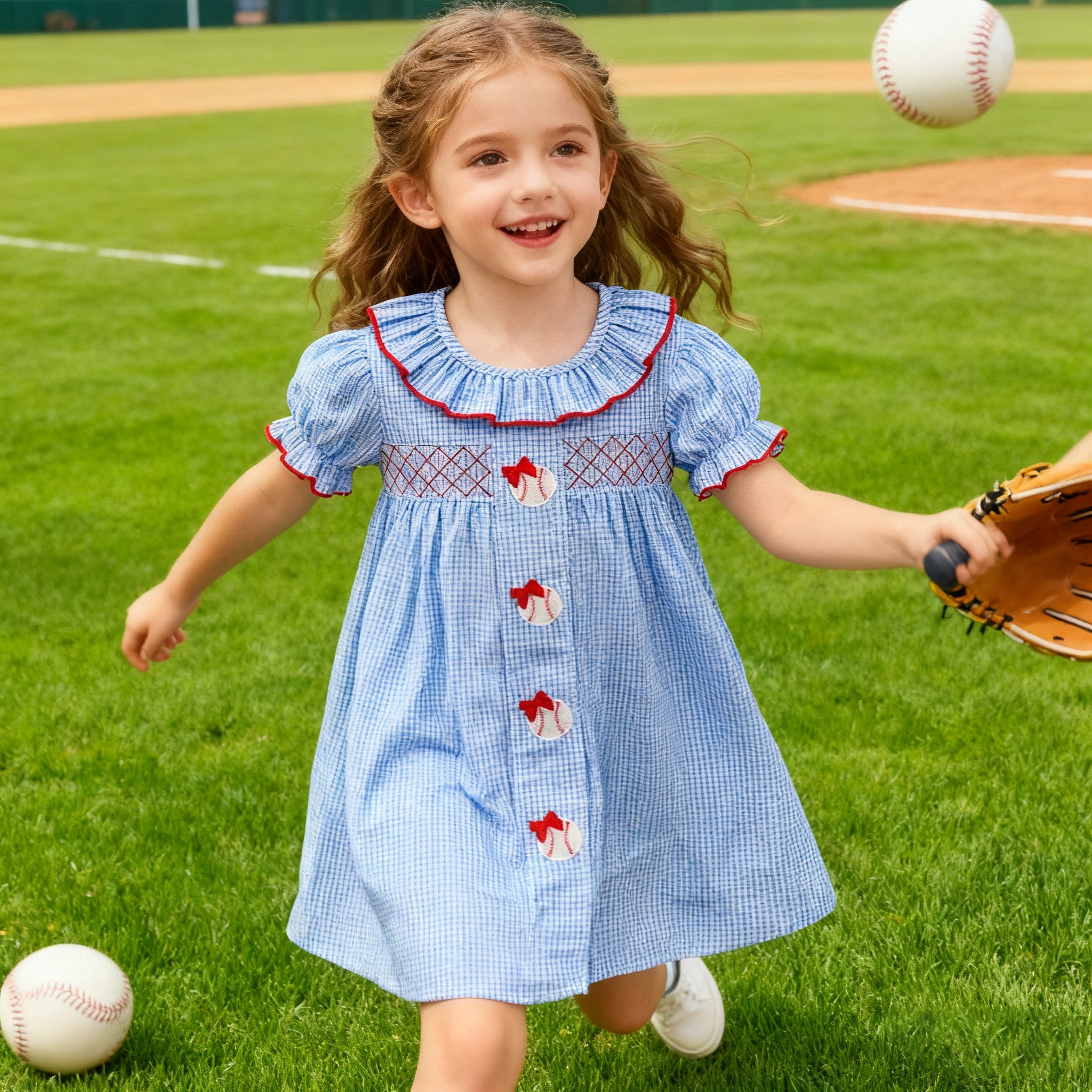 (In Stock)Girls Spring and Summer Baseball Embroidery Blue Plaid Dress