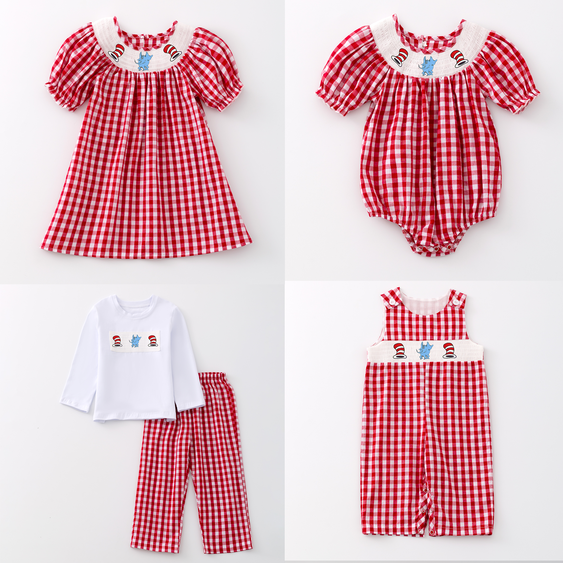 (Pre Order)Girls and Boys DR SEUSS Embroidery Smocked Dress Romper Outfit