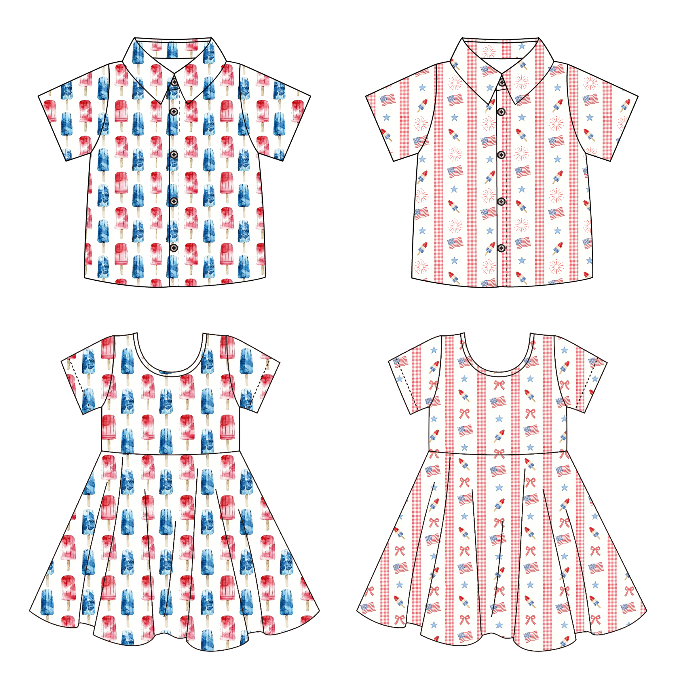 (Pre Order)Siblings Summer Patriotic Print Dress&Shirt